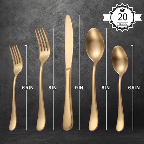 LIANYU 20 Piece Matte Gold Silverware Set, Stainless Steel Gold Flatware - Image 7
