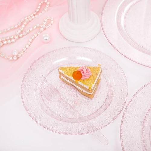 WDF 200PCS Pink Plastic Plates - Rose Gold Glitter Plastic Plates - Heavy Duty Pink Glitter Disposable Plates for Wedding/Baby Shower/Birthday - Image 6