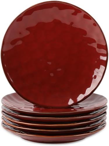 vicrays Ceramic Dinner Plates Set, 10.5 Inch, Set of 6, Round, Microwave, Oven, Dishwasher Safe, Porcelain Fluted Suitable for Steak, Pasta, Pizza, Home, Party, Restaurant (Cherry Red) by VicraysCeramic