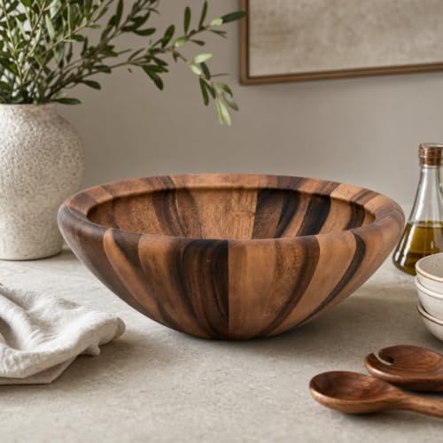 Arthur Court Acacia Wood Salad Bowl - Modern Wavy Design for Fruits and Salads - 6" Tall, 16" Diameter - Image 2