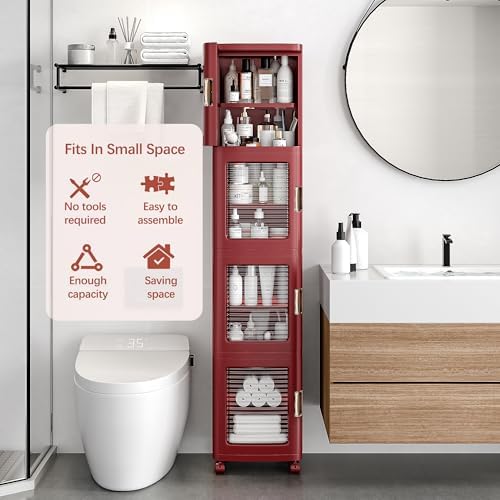 VECELO 4-Tier Narrow Storage Cabinet with Wheels, Red - Image 3