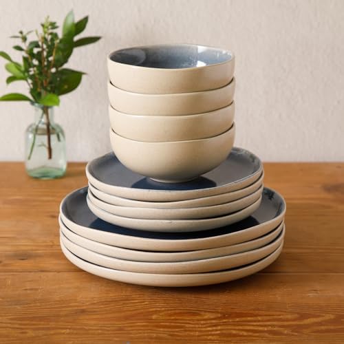 Gibson Elite Manila Bay 12-Piece Stoneware Dinnerware Set, Service for 4, Reactive Glaze Modern Artisan Plates, Bowls & Mugs, Blue, Round Design - Image 6