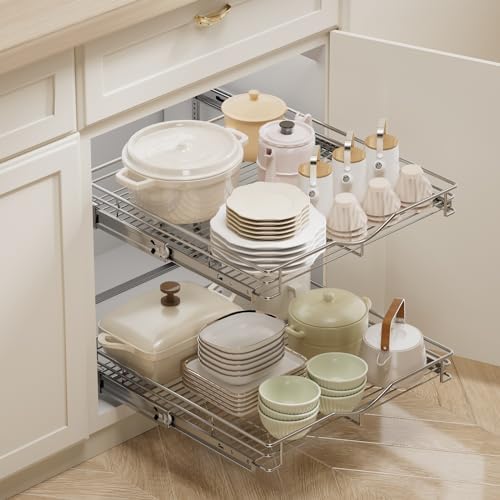 DINDON Pull Out Cabinet Organizer (22-1/2" W x 21-1/2"D), Cabinet Pull Out Shelves, 2 Tier Pull Out Drawers for Kitchen Cabinets, Wire Basket Slide Out Shelf, Pot and Pan Organizer - Image 4