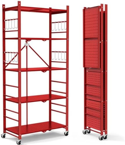 Himix 5-Tier Foldable Storage Shelf 20 Hooks Wheels Garage Red No Assembly by Himix