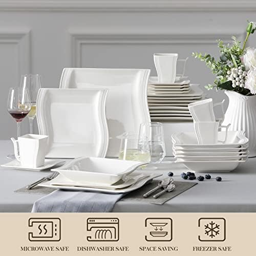 MALACASA Ivory White Dinnerware Sets, 30-Piece Porcelain Plates and Bowls Sets, Modern Dish Set for 6, Square Plates Dinnerware Set Kitchen Dishware Sets, Microwave and Dishwasher Safe, Series Flora - Image 4
