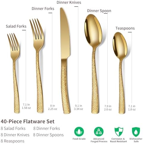 Remoxye 40-Piece Silverware Set, Gold Hammered Stainless Steel Flatware Sets for 8, Food-Grade Tableware Set, Including Fork Knife Spoon Set, Durable Home Kitchen Cutlery Sets, Dishwasher Safe, RX357 - Image 2