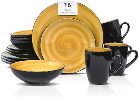 HomeVss, Stoneware Sonoma 16pc Dinnerware Set, Black + Speckled Spin Wash Yellow by HomeVSS