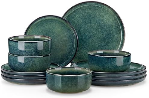 vancasso Starry 12 Pieces Dinnerware Sets for 4, Green Reactive Glaze Dishes Sets, Ceramic Plates and Bowls Set, Dinner Salad Dessert Plates, and Cereal Bowls Set, Dishwasher and Microwave Safe by vancasso