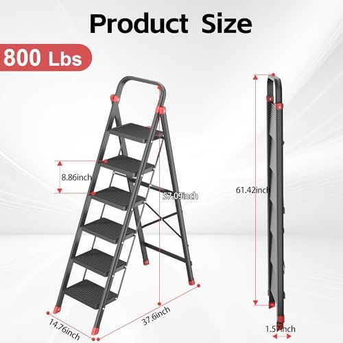 DIAMONDFORGE 6-Step Folding Step Stool Ladder with Handle, Anti-Slip Wide Pedals & Feet, 800lbs Capacity Sturdy Ladder for Home Kitchen Adults, Black Red - Image 4