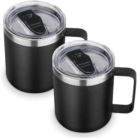Volhoply 14oz Insulated Stainless Steel Coffee Mug with Lid Bulk 2 Pack,Double Wall Vacuum Travel Coffee Cup with Handle,Reusable Cups Tumbler,Camping Mugs Keep Hot,Ideal Gifts(Black,2 Set) by LiveFully%EF%BC%8CDrinkFreely%E2%80%94KeepGoingwithVolhoply%EF%BC%81