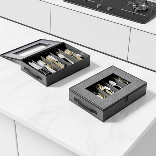 2-Pack Silverware Storage Box, Flatware Organizer with Clear Lid, Grey - Image 6