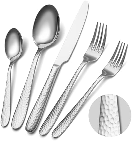 Hammered Silverware Set, EIUBUIE 40-Piece Stainless Steel Flatware Set for 8, Mirror Finish Tableware Kitchen Cutlery Sets, Durable Home Eating Utensils Sets Includes Fork Spoon Knife, Dishwasher Safe by EIUBUIE