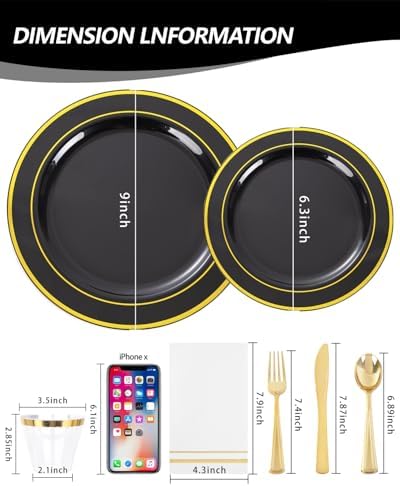 GATHER 350Pcs Black and Gold Plastic Plates for Wedding Party Halloween - Image 2