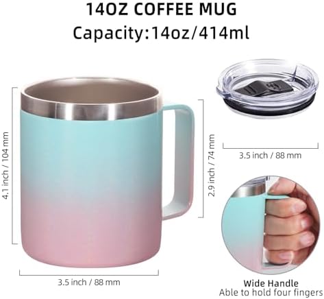 Volhoply 14oz Insulated Stainless Steel Coffee Mug with Lid Bulk 4 Pack,Double Wall Vacuum Travel Coffee Cup with Handle,Reusable Cups Tumbler,Camping Mugs Keep Hot,Ideal Gifts(Green Pink,4) - Image 2