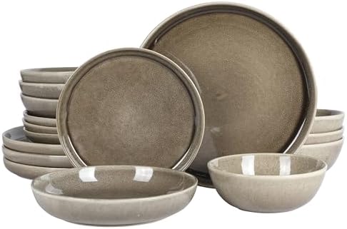 Gibson Elite Berea 16 Piece (Service for 4) Plates and Bowls Reactive Glaze Round Dishes Stoneware Ceramic Dinnerware Set -Taupe by GibsonHomewares