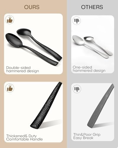 20-Piece Black Silverware Set, Ollex Stainless Steel Hammered Flatware Cutlery Set for 4, Mirror Polished Kitchen Utensils included Black Knives Spoons and Forks Set Dishwasher Safe - Image 2