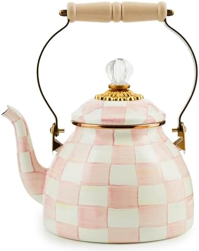 MACKENZIE-CHILDS Tea Kettle, 2 Quarts, Pink-and-White Rosy Check by Unknown
