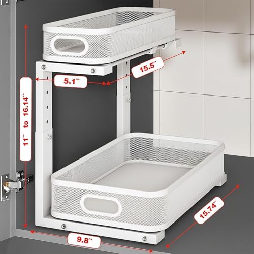 2 Pack Under Sink Organizer, Dual-Layer Pull Out Mesh Cabinet Rack with 5-Level Height Adjustment, Rust-Resistant Sliding Storage for Bathroom & Kitchen, Multi-Purpose 2-Tier Shelf - Image 2