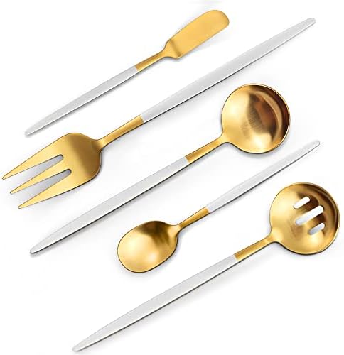 VANVRO Matte White Gold Serving Silverware Set, 5-Piece Round Shared Utensils Set of Stainless Steel, Hostess Flatware Serving Set, Satin Finish, Dishwasher Safe by VANVRO