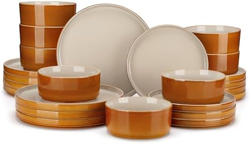 vancasso ONION Ceramic Plates and Bowls Sets, 24 Pieces Grey Dinnerware Sets for Kitchen, Reactive Glaze Dishes Set for 8, Dishwasher and Microwave Safe by vancasso
