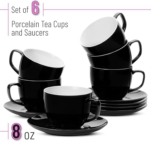 BTaT- Cappuccino Cups with Saucers 8 oz, Set of 6, Black Porcelain Coffee Cup and Saucer Set for Latte, Mocha, Tea, Au Lait, Flat White, Dishwasher, Microwave, Freezer and Oven Safe - Image 2