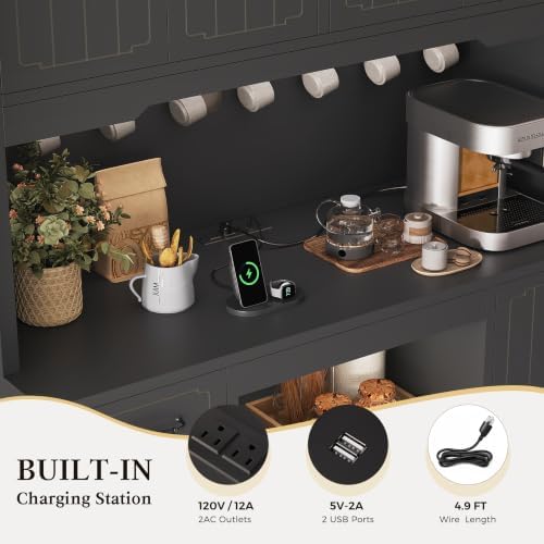 Fluted Kitchen Pantry Cabinet with Charging Station & LED Light, 47" Wide Kitchen Pantry Storage Cabinet with Countertop, Microwave & Appliance Storage, Food Pantry Cabinet for Dining Room ,Black - Image 7