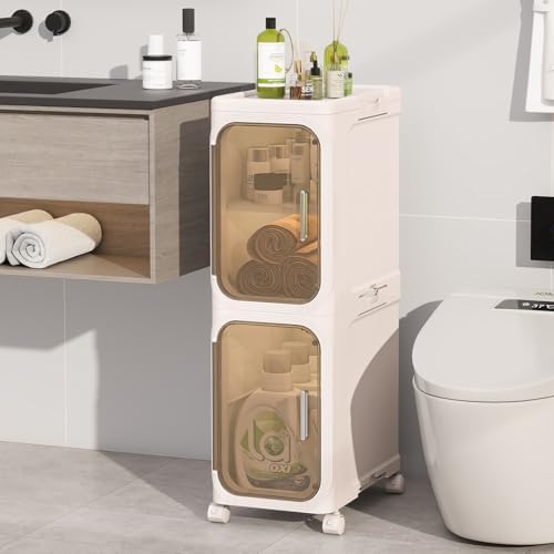 2 Tier Slim Bathroom Storage Cabinet, Foldable and Movable, Beige by Neathub