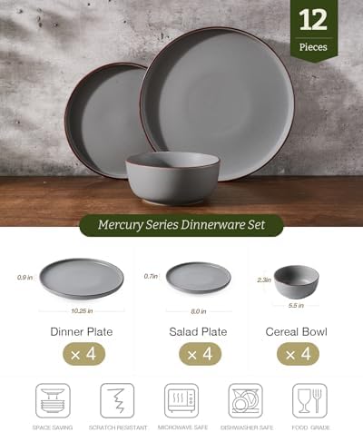 Famiware Mercury 12-Piece Stoneware Dinnerware Set, Dark Grey - Image 2