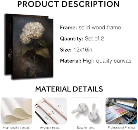 Doqueodas 2 pcs Vintage Floral Canvas Wall Art, Elegant Dark Rose Hydrangea Oil Painting Print Artwork, Rustic Farmhouse Classic Painting Poster Wall Decor, Suitable for Living Room Office12x16 inch - Image 5