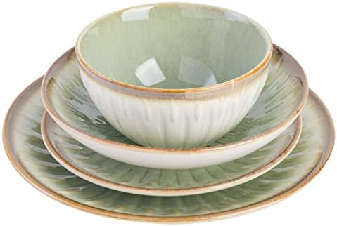 Gibson Elite Mayfair Bay 16-Piece Embossed Double Bowl Dinnerware Set, Service for 4 – Green Stoneware Plates and Bowls - Image 3