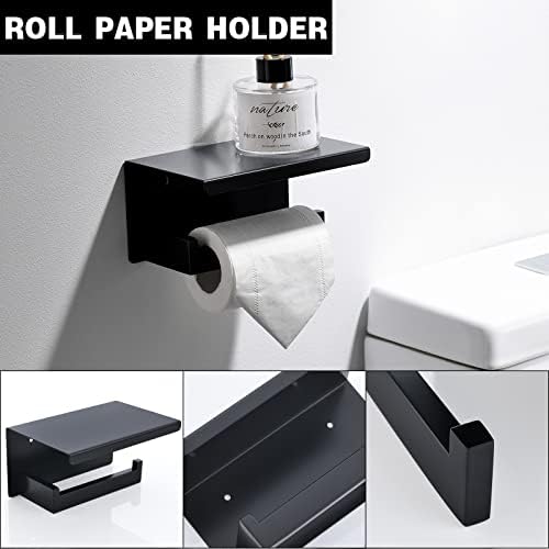 Black Towel Bar Set 5-Piece Bathroom Hardware Set Including 23.6 Inch Towel Bar,Towel Ring Towel Hook and Toilet Paper Holder with Shelf,Stainless Steel Bathroom Accessories Set - Image 4