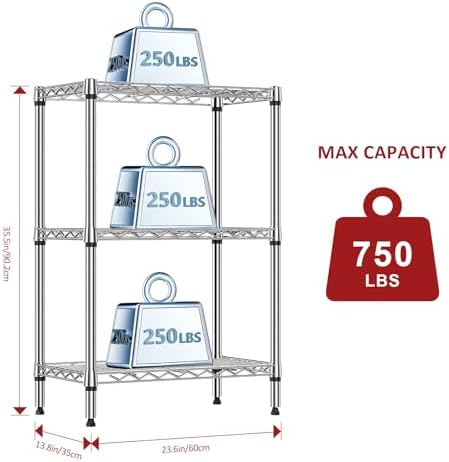 IZEUK 3 Tier Heavy Duty Steel Storage Shelves, Metal Shelf Wire Shelving Rack for Pantry, Kitchen, Cloakroom or Office Organization (13.8" D x 23.6" W x 35.5" H, 750LBS, Chrome) - Image 3