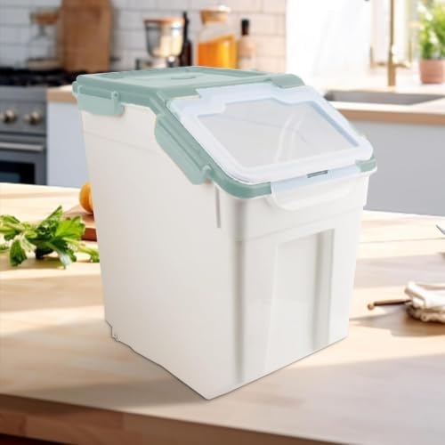 50LB Large Flour Storage Container Bin,4 Pack Airtight Plastic with Wheels Seal Locking Lid Dispenser Organizer Bin with Measuring Cup & Scoop for Flour, Rice, Grain 100LBS Total Capacity(Green) - Image 5