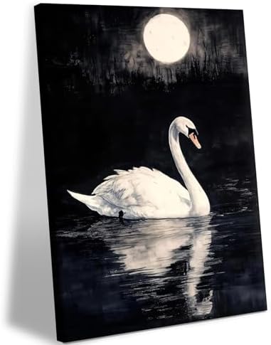 Doqueodas Vintage White Swan on Black Background Canvas Wall Art12x16 inch by Unknown