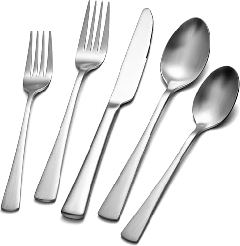 18/10 Flatware set for 12, 60 Piece Matte Stainless Steel Silverware Set by KINGSTONE