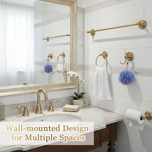 6 Pcs Antique Brass Gold Bathroom Accessories Set 15.7"-26.7" Solid Brass Towel Bar, Towel Ring, Toilet Paper Holder, Robe Hook, Wall Mounted Vintage Bath Hardware Fixture Set - Image 4