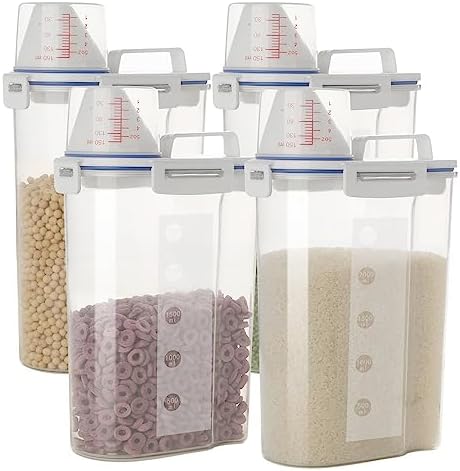 5.5 Lbs Rice Airtight Dry Food Storage Container Set of 4, Rice Storage Bin Cereal Containers Dispenser, Thicken Plastic Clear Food Storage Box with Pouring Spout, Measring Cup for Grain, Flour Snacks by jioko