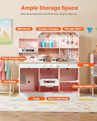 VEVOR Wooden Play Kitchen Toy, Play Kitchen for Kids with Lights and Sounds, Toddler Kitchen with Ice Maker, Oven, Sink, Microwaves, Fridge and Utensil and Fruit Accessory for Toddlers, Pink - Image 5
