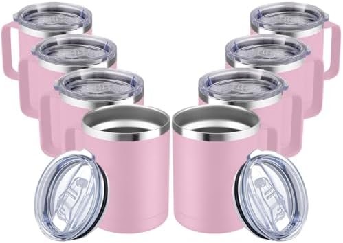 MEWAY 12oz Coffee Mug With Handle and Sliding Lid,Stainless Steel Travel Tumbler Cup with Handle,Double Wall Vacuum Insulated Camping Cup for Hot & Cold Drinks Tea (Pink,Set of 8) by MEWAY