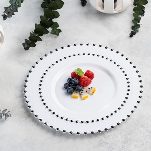PLASTICPRO 128 Piece Combo Plastic Dinner Plates Disposable Plastic Fancy Heavy Duty Party Dishes 7 inch and 10 inch, White and Black Beaded - Image 3