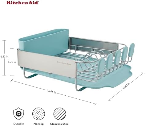 KitchenAid Compact Space Saving Rust Resistant Dish Rack with Removable Flatware Caddy and Angled Self Draining Drainboard, 12.63 x 15.87 x 5.54 Inch, Mineral Water - Image 2