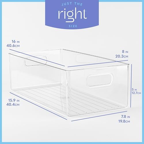 Plastic Food Storage 4 Pack Clear Container Bin with Handles for Organizing Kitchen, Pantry, Refrigerator, Freezer, Pantry, Cabinet, Closet, Bathroom. 16”x8”x5” - Image 3