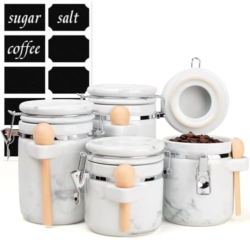 4 Piece Airtight Ceramic Canister Set With Attached Wooden Spoon Reusable Chalk Labels For Dry Goods Sugar Coffee Tea Kitchen Storage Use (Marble) by TryitBuyitYoulllikeit