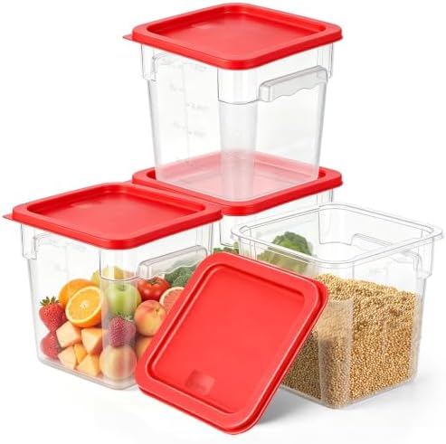 4Pack - 8QT Food Storage Containers with Lids & Handles, Polycarbonate Clear Airtight Food Container with Scale Marks for Bread Proofing, Flour, Commercial Grade, Restaurant & Kitchen, Square, Red by FIRMDKWEED