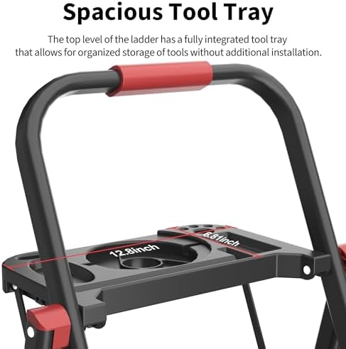 4 Step Foldable Step Ladder with Mutifunctional Tool Tray, Platform Ladders Stepstools, Step Stool 4 Step Folding with Non-Slip Pedals, 800lbs Bearing Capacity for Adults, Home, Kitchen, Black Red - Image 3