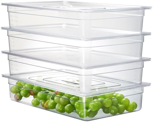 CURTA 4-Pack Full Size 4" Deep NSF Polycarbonate Food Pans with Handled Lids & Drain Trays | Dishwasher & Freezer Safe Clear Container for Prep Tables, Buffet, Salad Bar, Commercial & Home Kitchen by CURTA