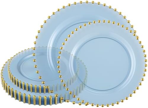 PLASTICPRO 32 Piece Combo Plastic Dinner Plates Disposable Plastic Fancy Heavy Duty Party Dishes 7 inch and 10 inch, Translucent Blue and Gold Beaded by PLASTICPRO