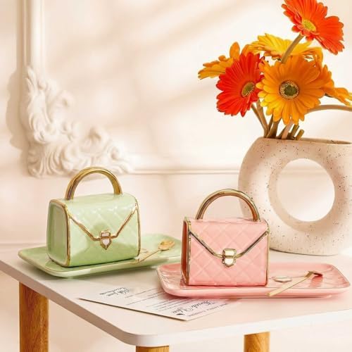Zubebe 2 Set Coffee Mug Elegant Handbag Shaped Cup,Light Green,Pink - Image 3