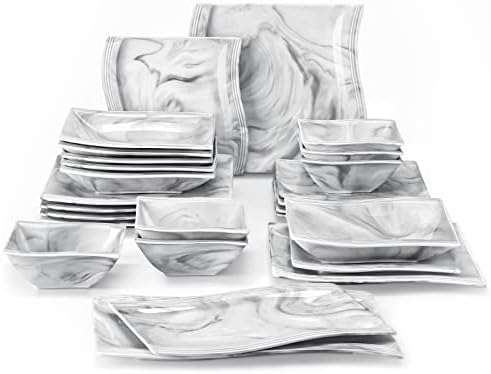 MALACASA 26-Piece Marble Grey Square Dinnerware Sets, Flora Porcelain Dinner Set for 6, Service for 6, Microwave & Dishwasher Safe, BPA, Lead & Cadmium Free by MALACASA