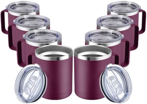 MEWAY 12oz Coffee Mug With Handle and Sliding Lid,Stainless Steel Travel Tumbler Cup with Handle,Double Wall Vacuum Insulated Camping Cup for Hot & Cold Drinks Tea (Plum,Set of 8) by MEWAY